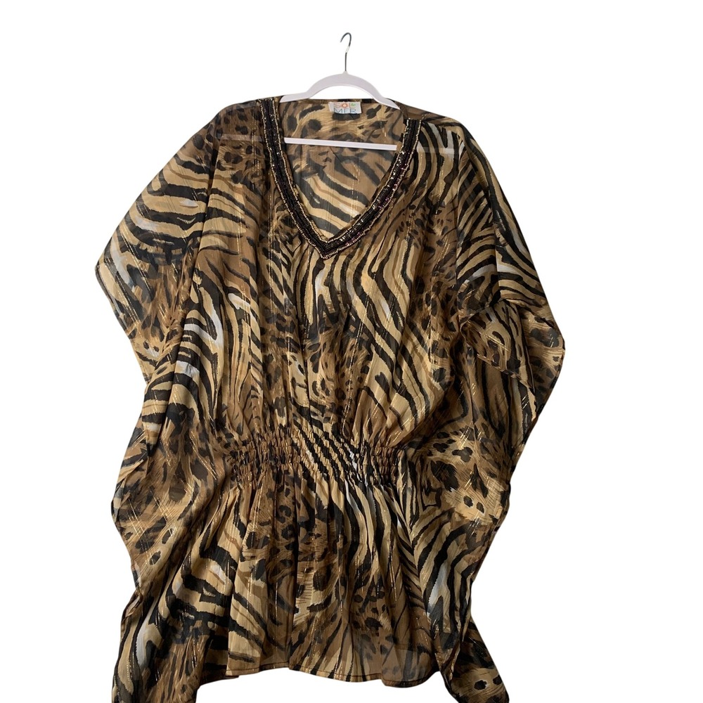 Sol & Mer Animal Print Kaftan Cover Up Beaded V-Neck Metallic Gold Sheer Brown